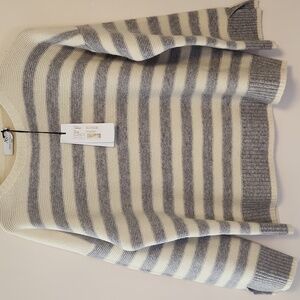 Anna Seravalli Gray Cream Striped Merino Wool Knit Sweater Sz 44/8-10